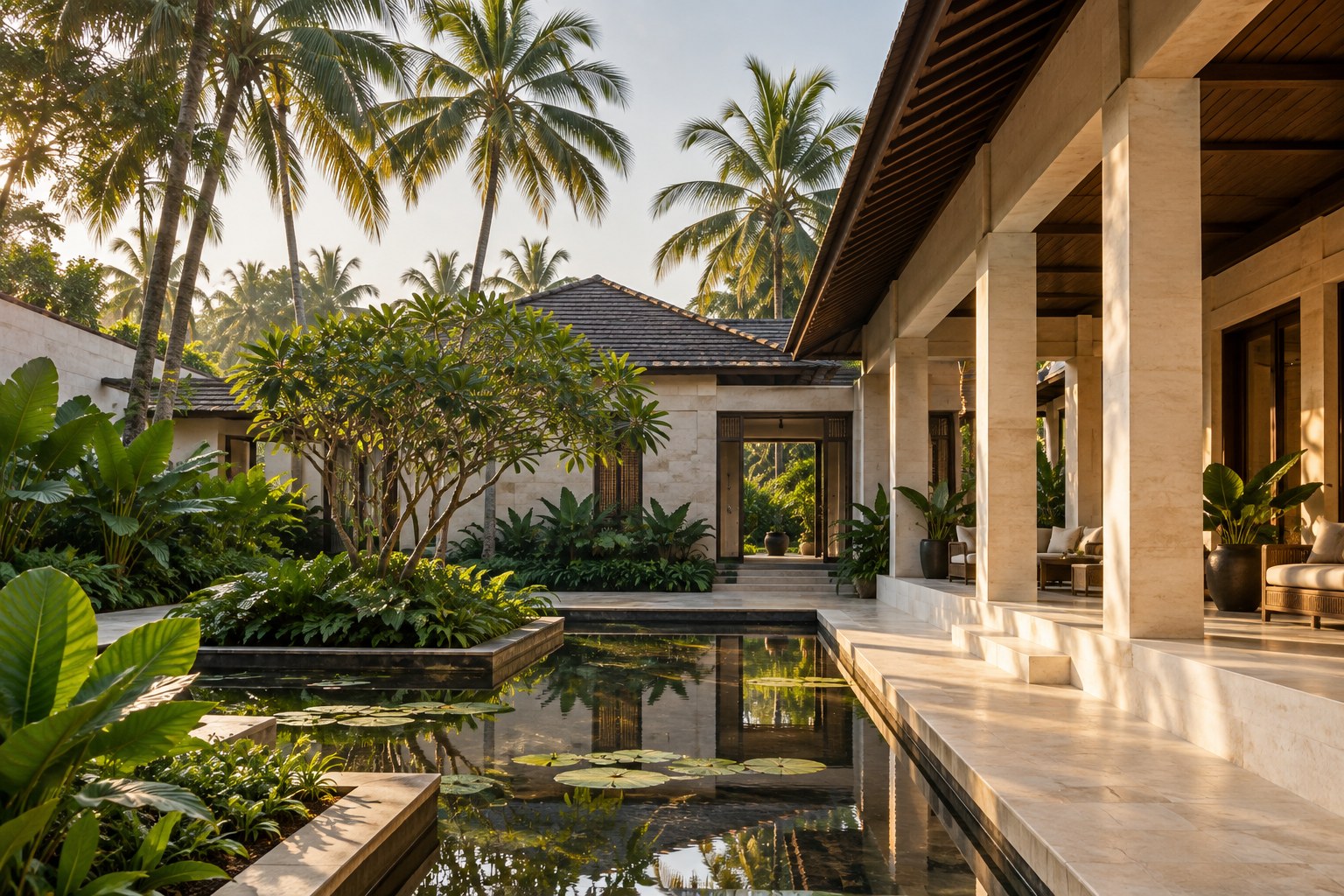 Illustrative Kerala-inspired courtyard with tropical greenery and contemporary architecture
